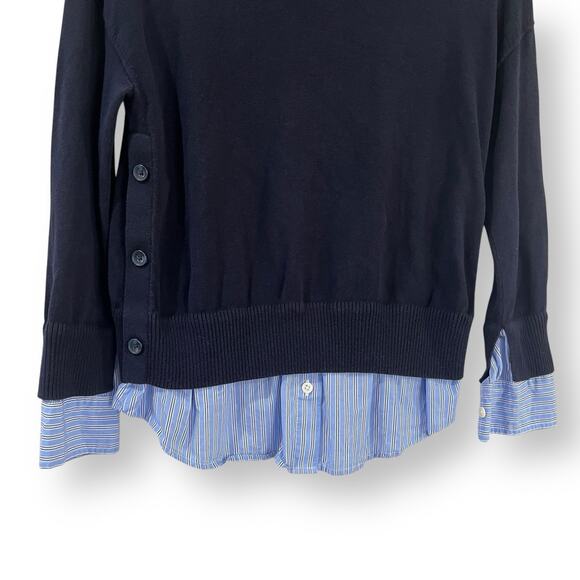 Talbots Mock Neck Pullover Sweater Small Petite SP Faux 2-Pc Woven Hem Navy Blue - Picture 4 of 7